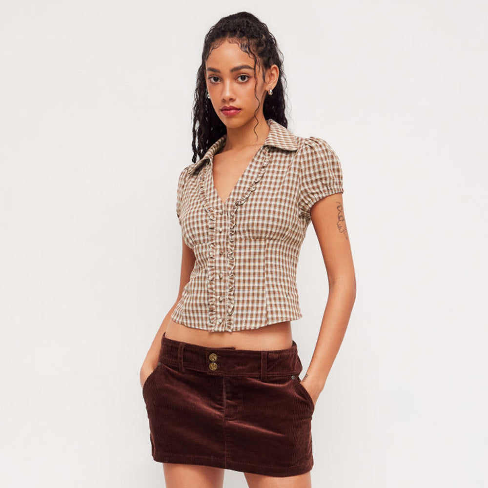 Plaid Shirt Summer Retro Coffee Color Pleated Sexy Stringy Selvedge Lace up Peter Pan Collar Shirt