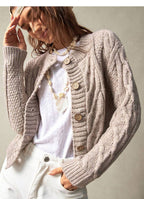 Heather gray twist-knit cropped cardigan with round neck and button front