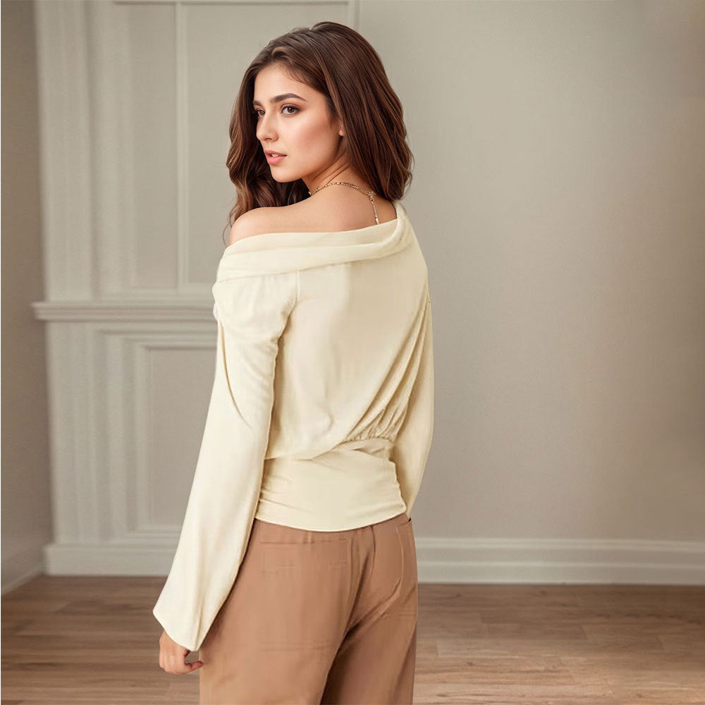 Women's Autumn Winter Long Sleeve Office Date Wear Match Niche Design Pleated Waist Tight One Shoulder Short Length Top For Women