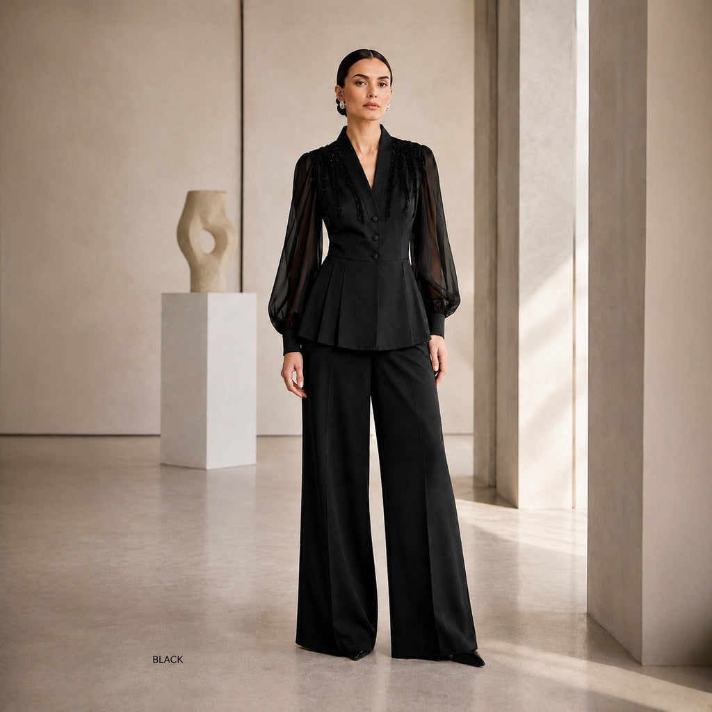 Women's Black Rhinestone Top & Wide-Leg Pants Set