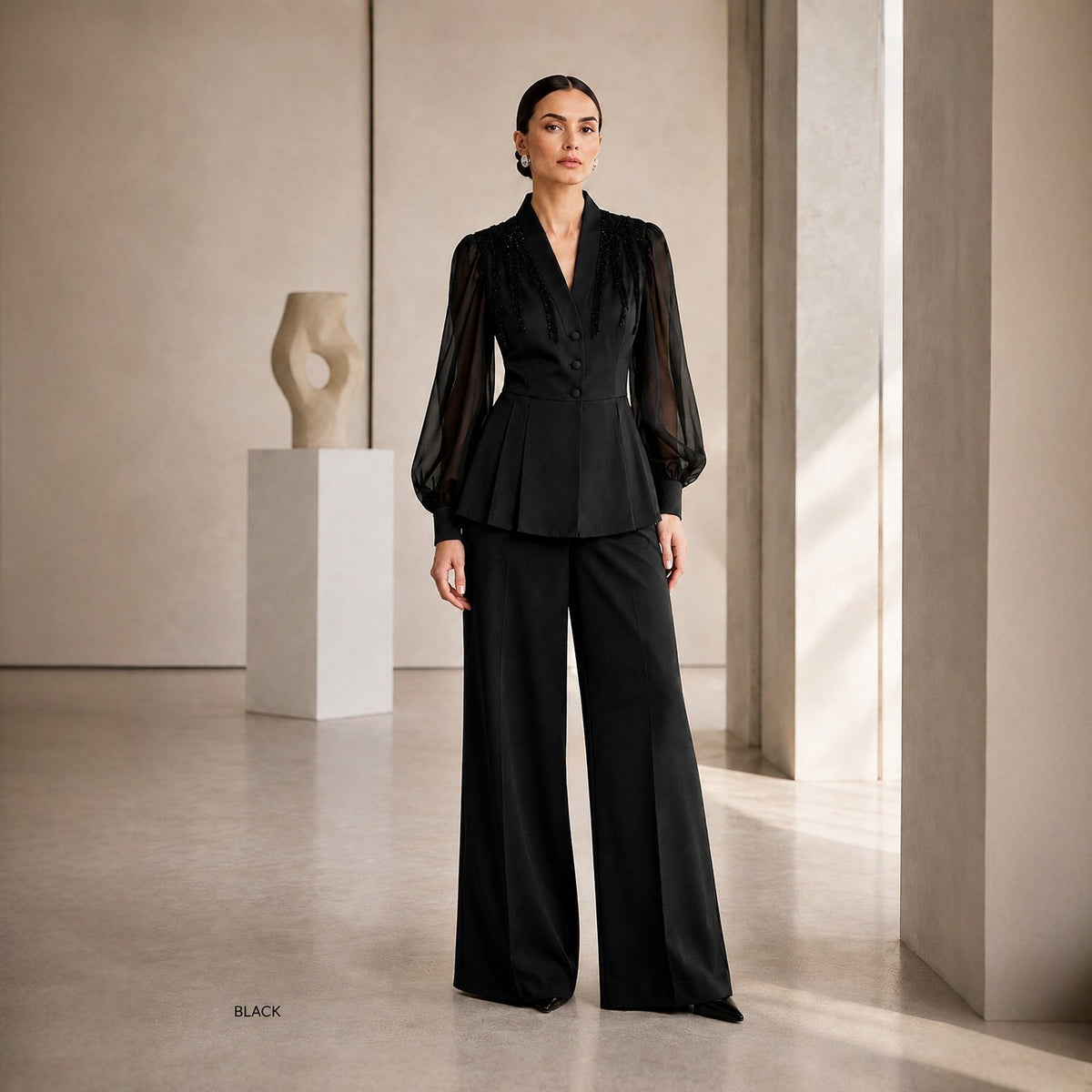 Women's Black Rhinestone Top & Wide-Leg Pants Set