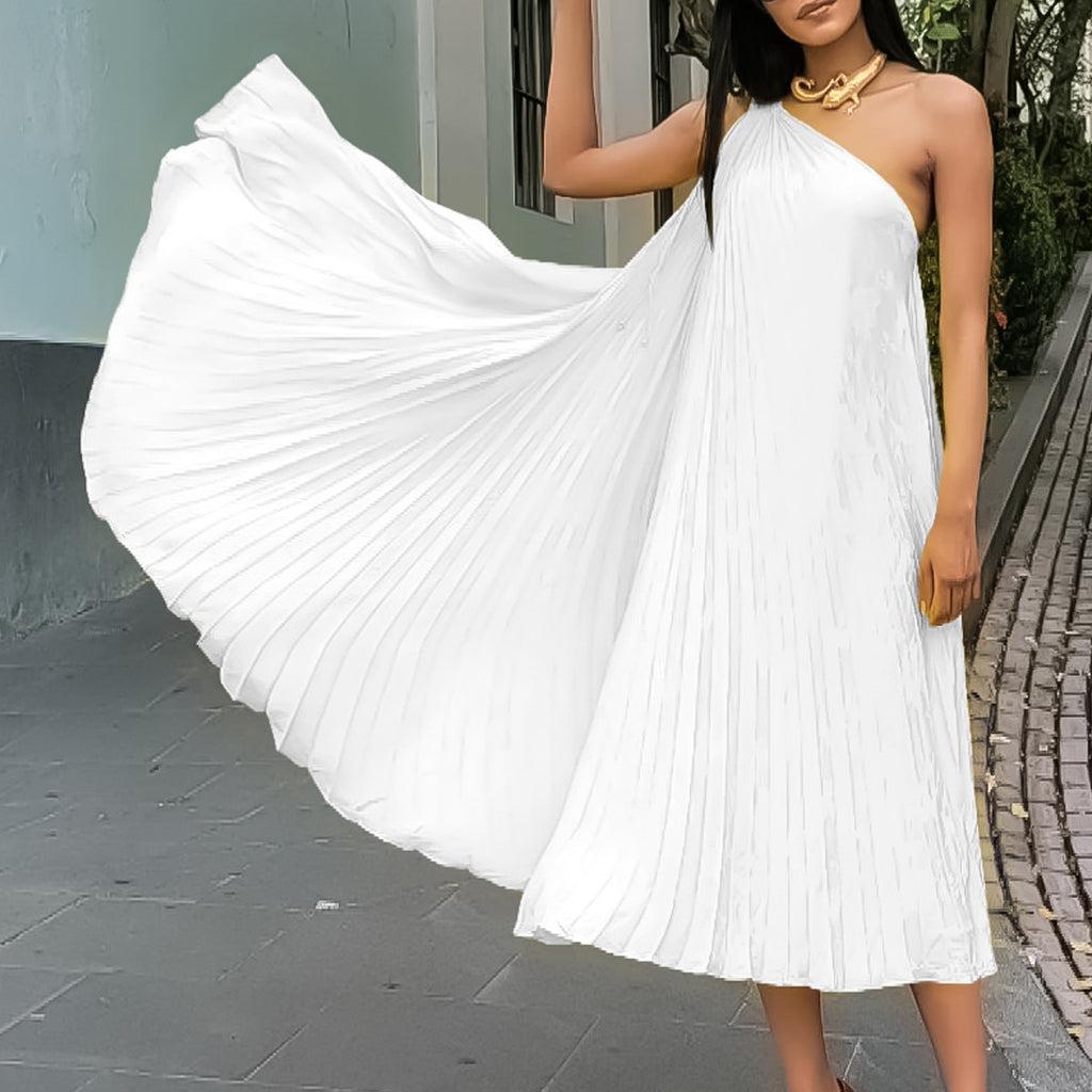 Women's Pleated One-Shoulder Sleeveless Dress