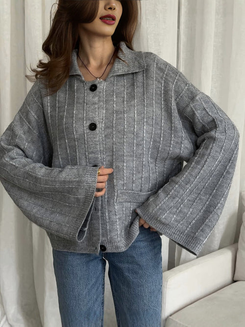 Women’s gray knitted collared short cardigan with long sleeves and button-front placket