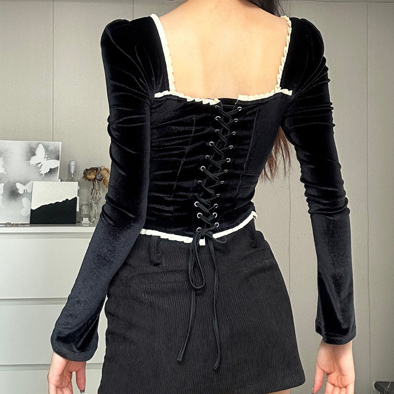 Women's Fall Women Clothing Sexy Square Collar Plush Wooden Ear Backless Lace Up Long Sleeve Top