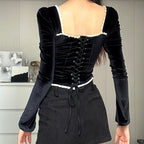 Women's Fall Women Clothing Sexy Square Collar Plush Wooden Ear Backless Lace Up Long Sleeve Top