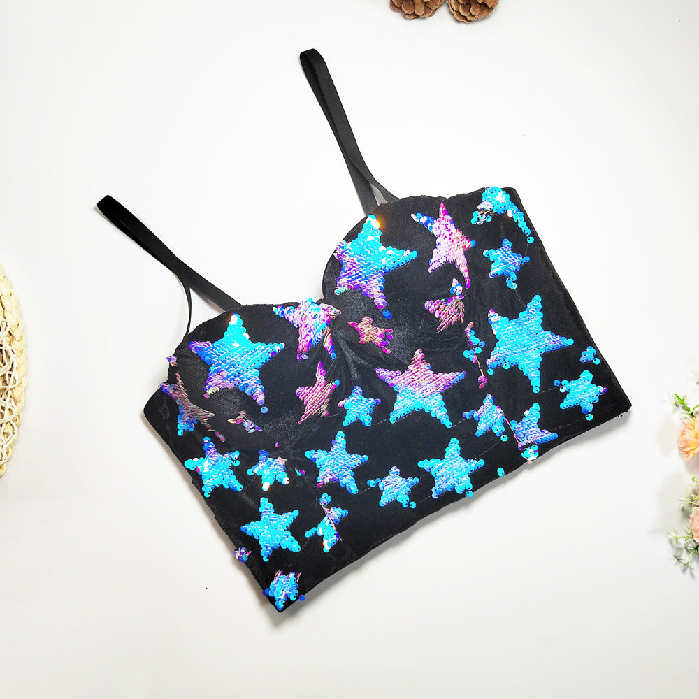 Women’s Embroidered Sequin Spaghetti Strap Crop Top