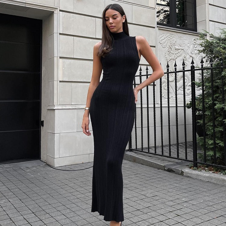 High-Neck Sleeveless Knit Bodycon Maxi Dress