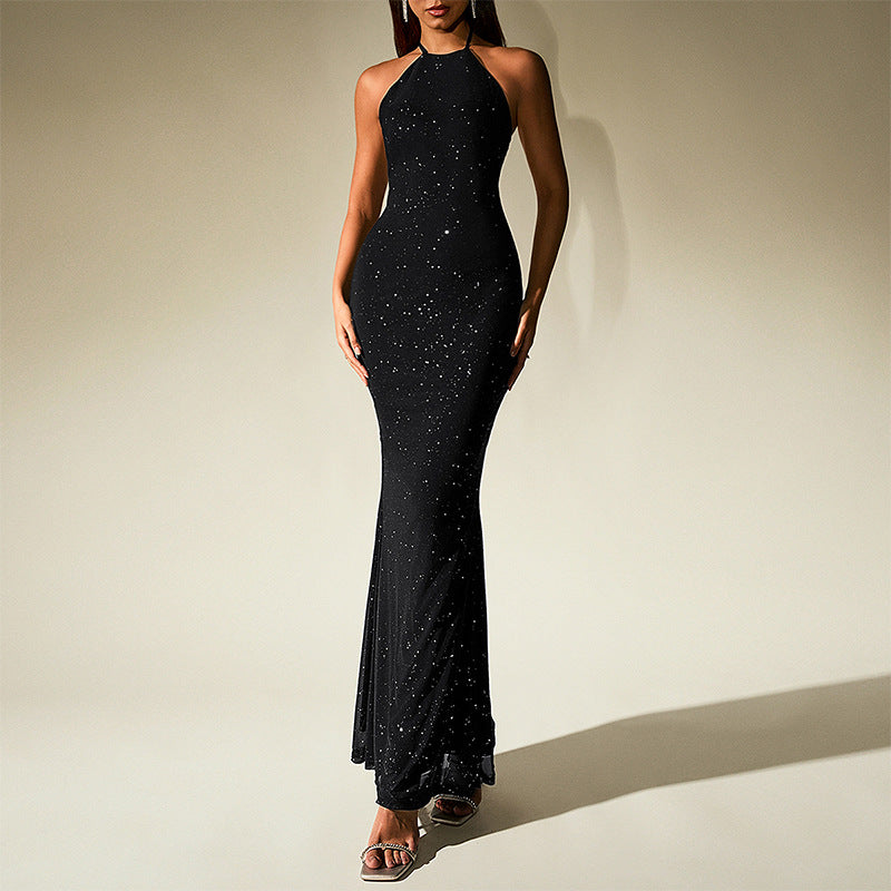 Women's Sequin Mesh Halter Backless Fishtail Maxi Dress