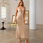 Women's V-Neck Sequin Cutout Cami Evening Maxi Dress