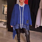 Women's Autumn Loose Irregular Asymmetric Hem Sequin Stitching Round Neck Long Sleeve Top