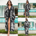 Mid-length rayon beach cover-up shirt, black with white ornate leaf print, tie waist