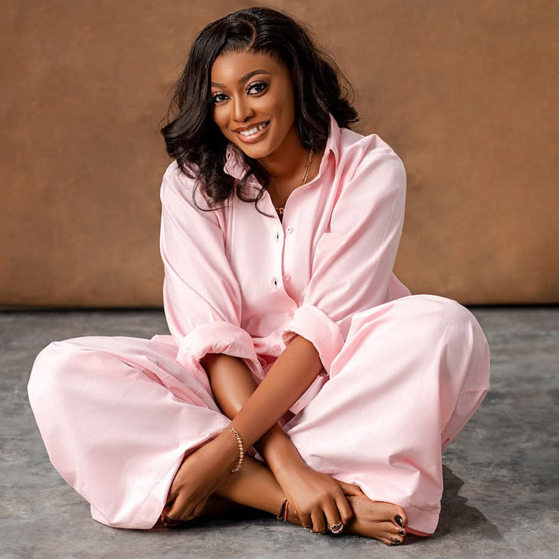 's Long Sleeve Polo Collar Solid Color Loose Oversized Shirt Trousers