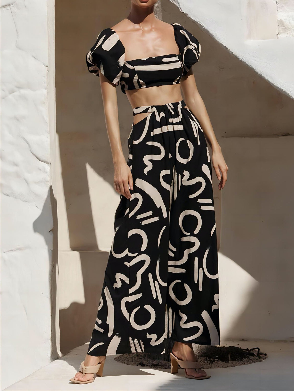 Puff-Sleeve Top & Split Skirt Set