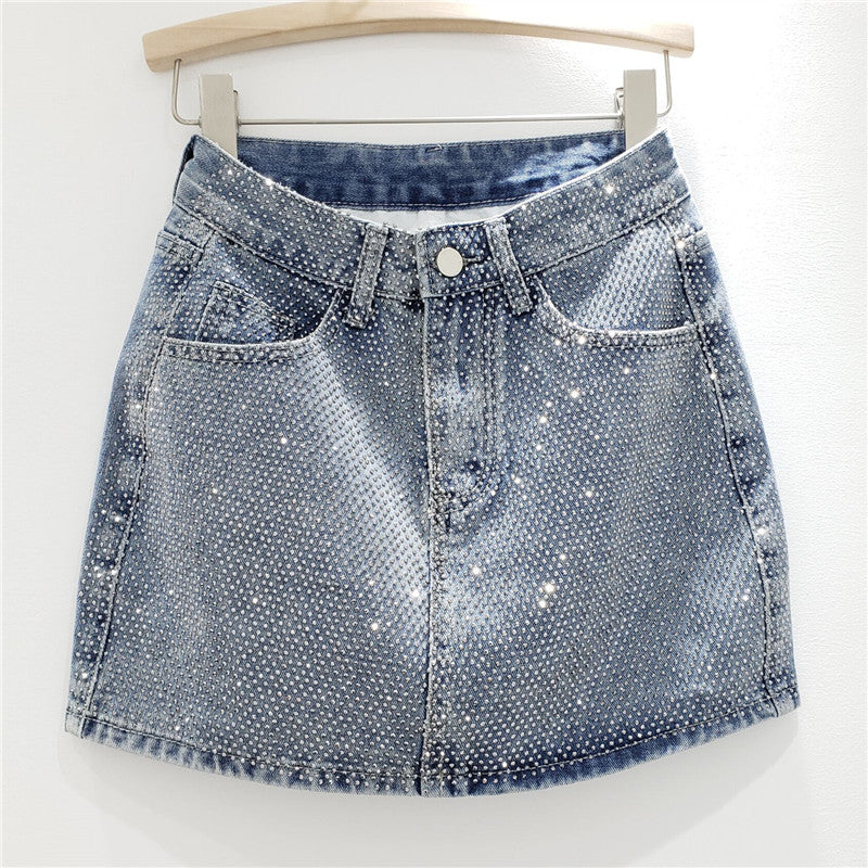 【moq-5 Packs】 Summer Heavy Embroidery Drilling Denim Skirt