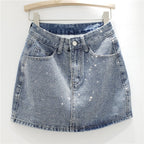 【moq-5 Packs】 Summer Heavy Embroidery Drilling Denim Skirt