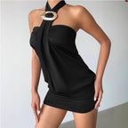 Halter Backless Strapless Simple Ruffle Hip Short Elegant Dress