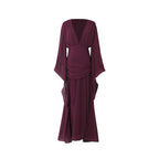 Women's autumn design dress front view, V-neck ruched waist and flowing layered skirt, dark purple