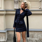 Women's Autumn Winter Retro Navy Blazer and Skirt Two-Piece Set