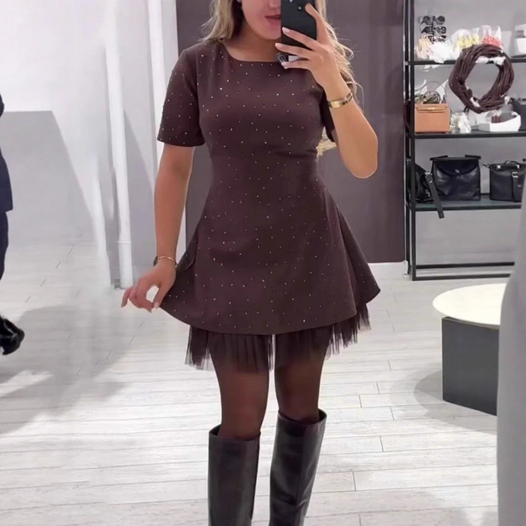 Rhinestone Hem Mesh Pleated Solid-Color Office Dress