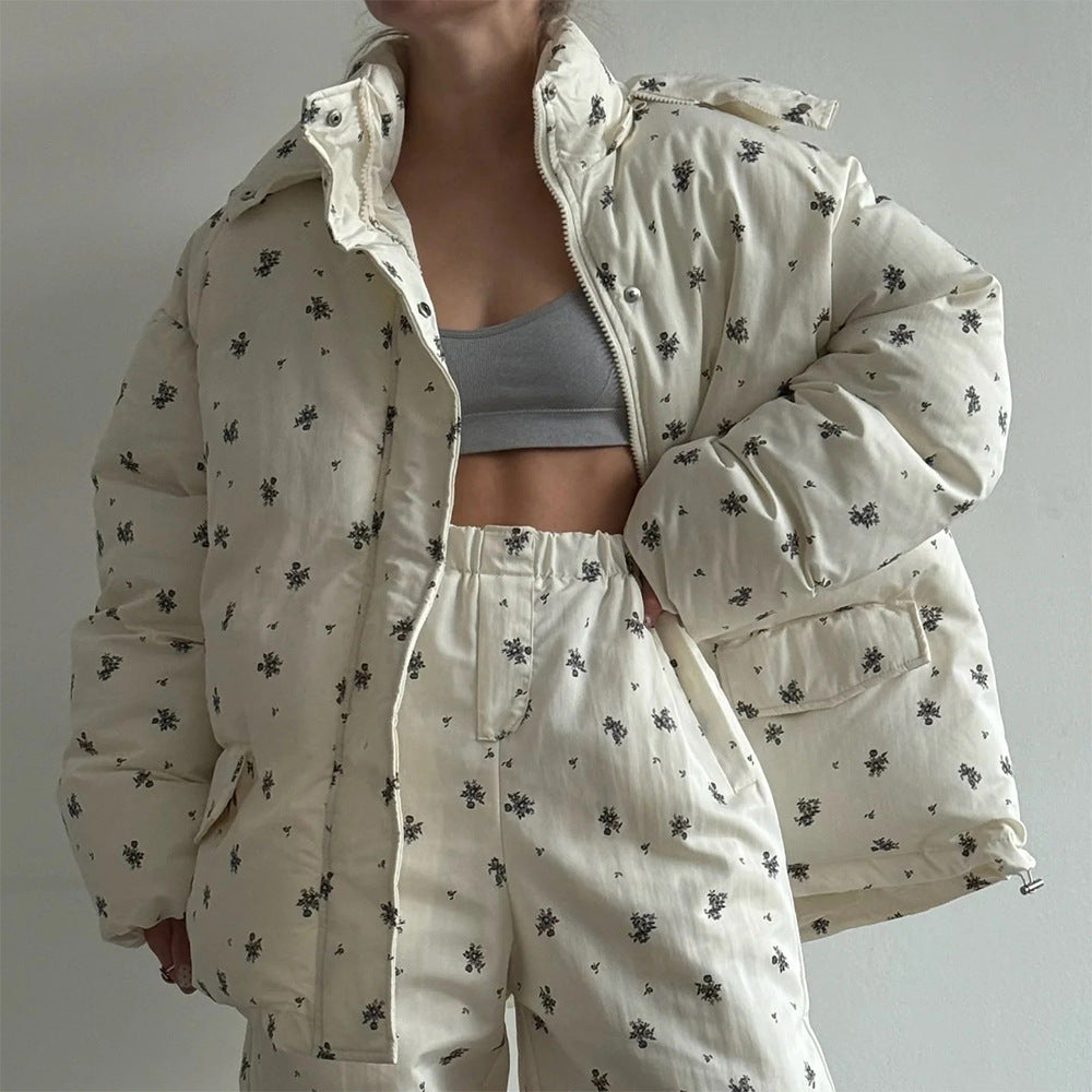 White Floral Cotton-Padded Jacket