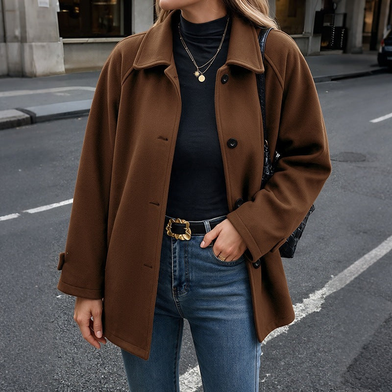 Women's Mid Length Woolen Coat Autumn Winter Elegant Collared Loose Padded Woolen Coat Women
