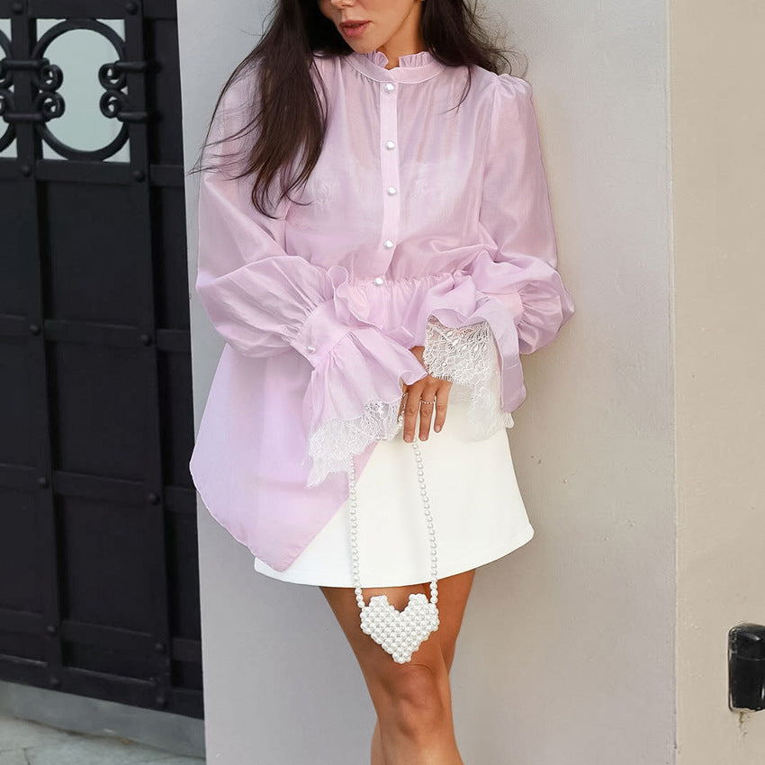 Women's French Gentle Tencel Long Sleeve Waist Tight Puff Sleeve Top Women Blouse For Commuting