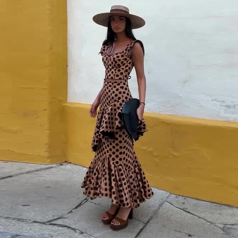 Women's Summer Shoulder Strap Slimming Flounce Polka Dot