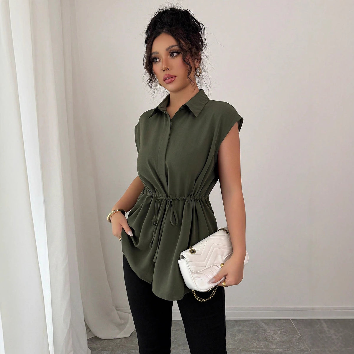 Women's Loose Waist Single Breasted Solid Color Polo Collar Women Short Sleeved Coat