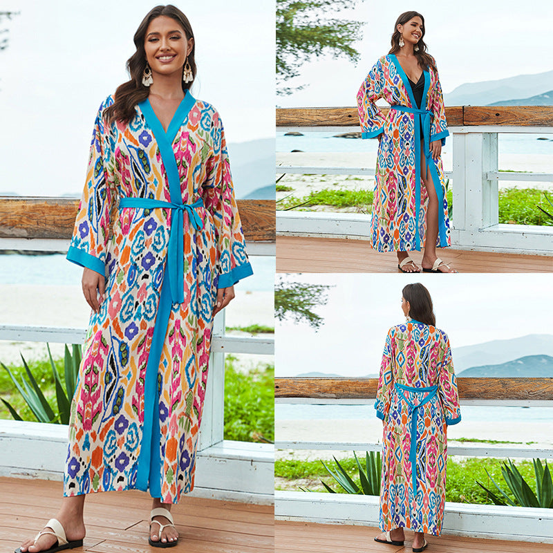 Mid-length rayon beach cover-up shirt, multicolor geometric print with blue and pink, tie waist
