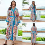 Mid-length rayon beach cover-up shirt, multicolor geometric print with blue and pink, tie waist