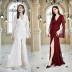 Women's Burgundy Lace V-Neck Long Sleeve Dress