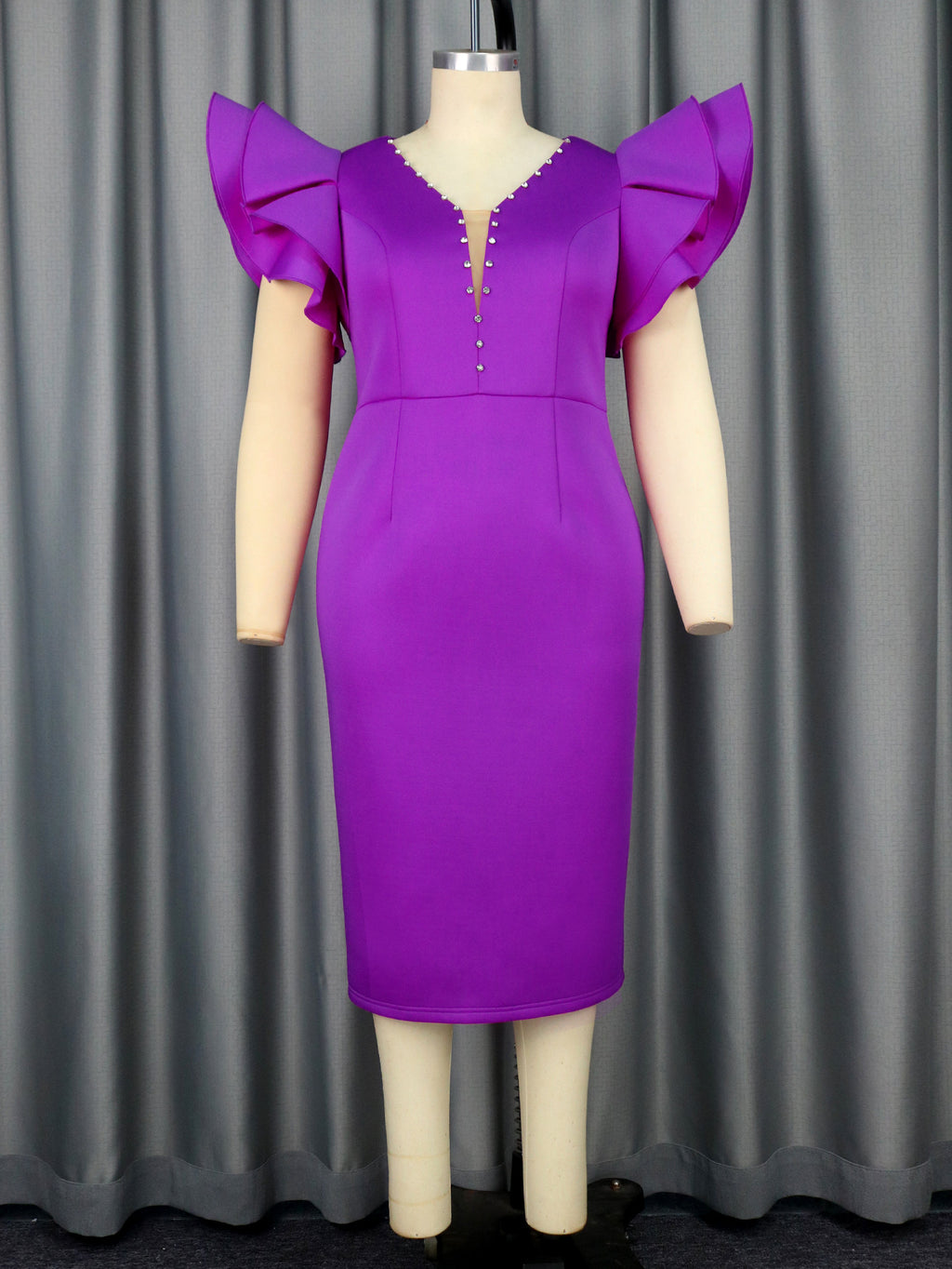 Rhinestone V-Neck Ruffle-Sleeve Midi Dress