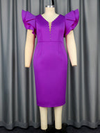 Rhinestone V-Neck Ruffle-Sleeve Midi Dress