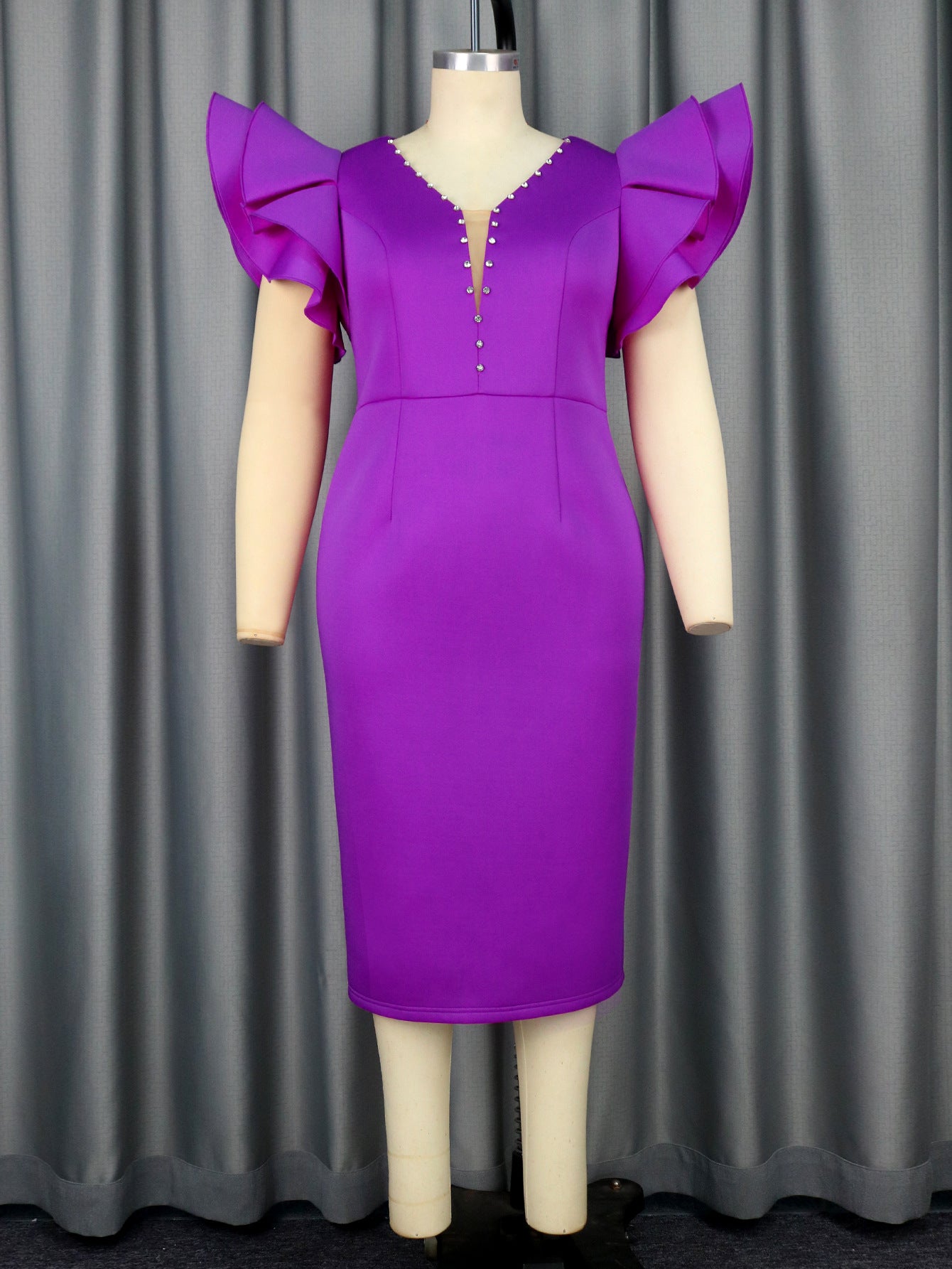 Rhinestone V-Neck Ruffle-Sleeve Midi Dress