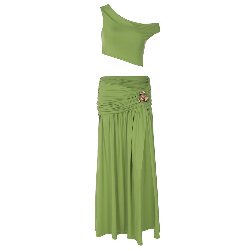 Women's Summer Sexy Cropped Diagonal Collar Top Slim Fit Slit Skirt Set