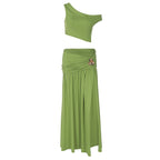 Women's Summer Sexy Cropped Diagonal Collar Top Slim Fit Slit Skirt Set