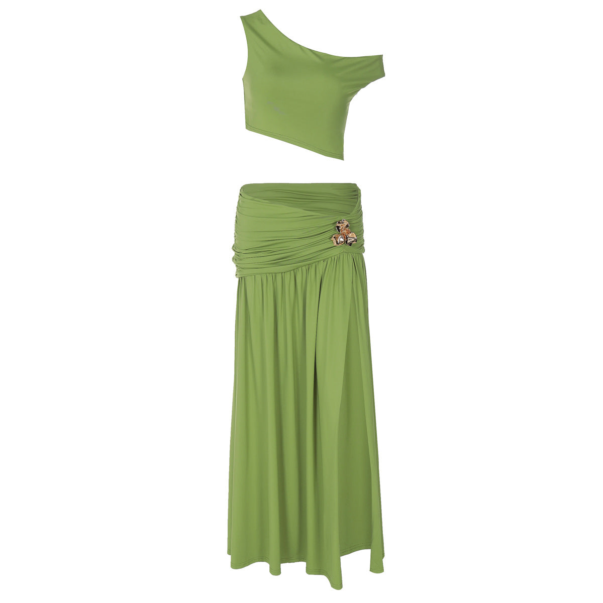 Women's Summer Sexy Cropped Diagonal Collar Top Slim Fit Slit Skirt Set
