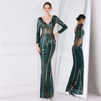 Women's Floral Sequin Evening Dress Banquet Elegant Long Sleeve Sequin Queen