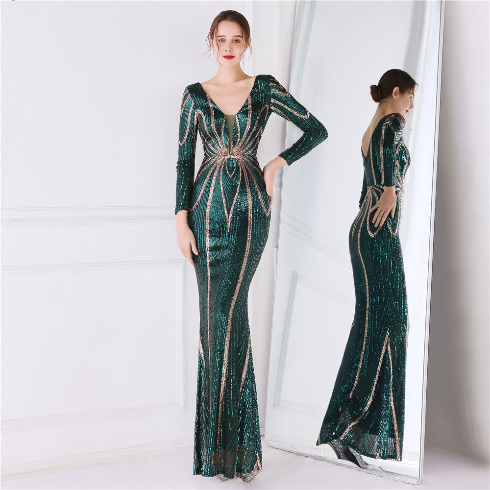 Women's Floral Sequin Evening Dress Banquet Elegant Long Sleeve Sequin Queen