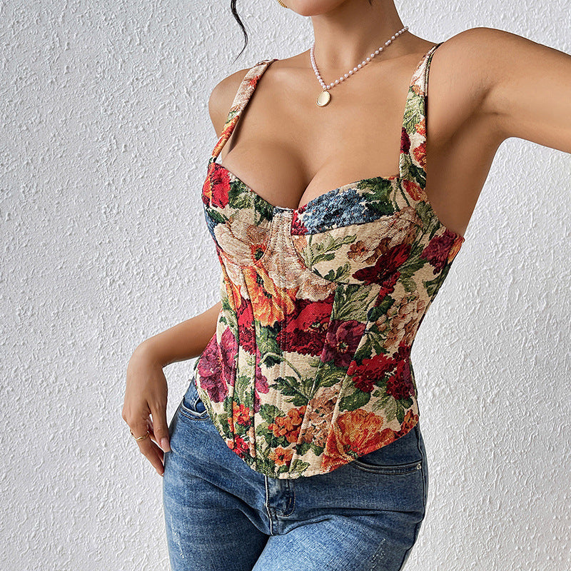 's Retro Floral Camisole French Vest Slim Corset Bandeau Boning