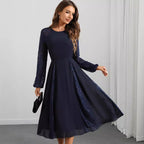 Lace Long-Sleeve Crew-Neck A-Line Midi Dress