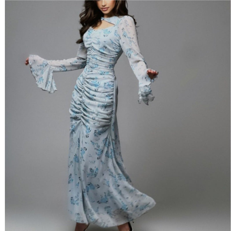 Women's Pleated Printed Chiffon Maxi Dress