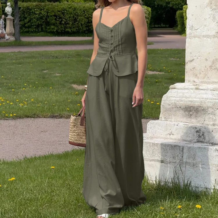 Summer Women Sexy Backless Pleated Suspender Top Loose Wide Leg Pants Two Piece Sets