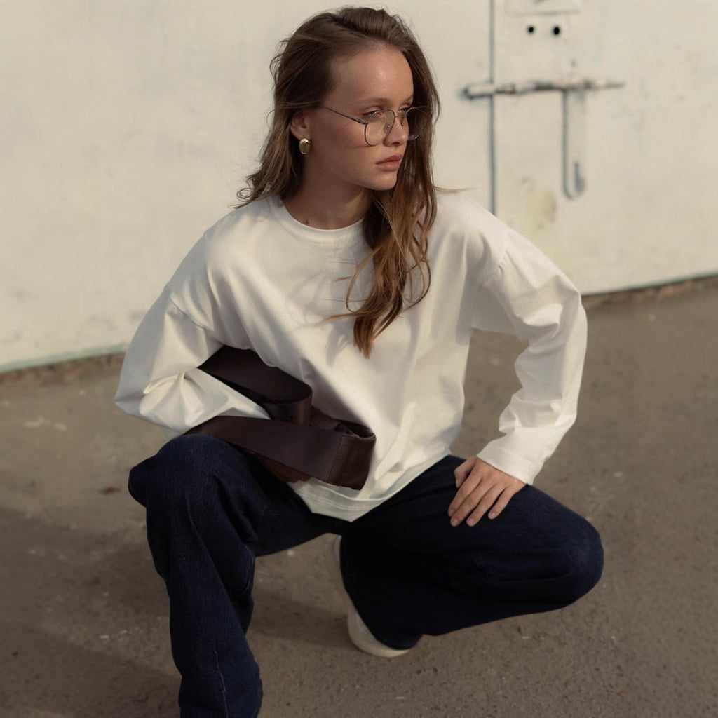 Women's Color Long Sleeved T-Shirt Loose Cotton Crew Neck Basic