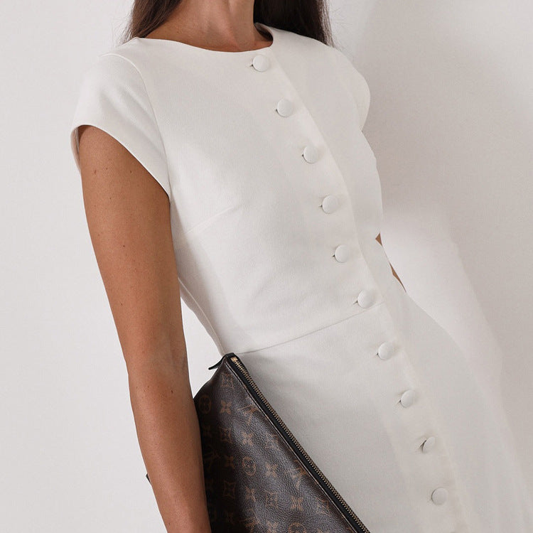 Women's Round Neck Flying Sleeves Dress Women Elegant Waist Single Breasted White Sheath Dress