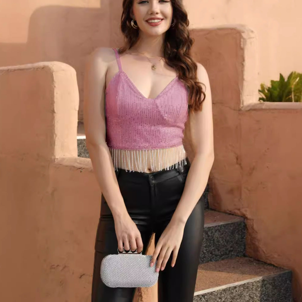 Women's Women’s Rhinestone Chain Fringe Crop Top