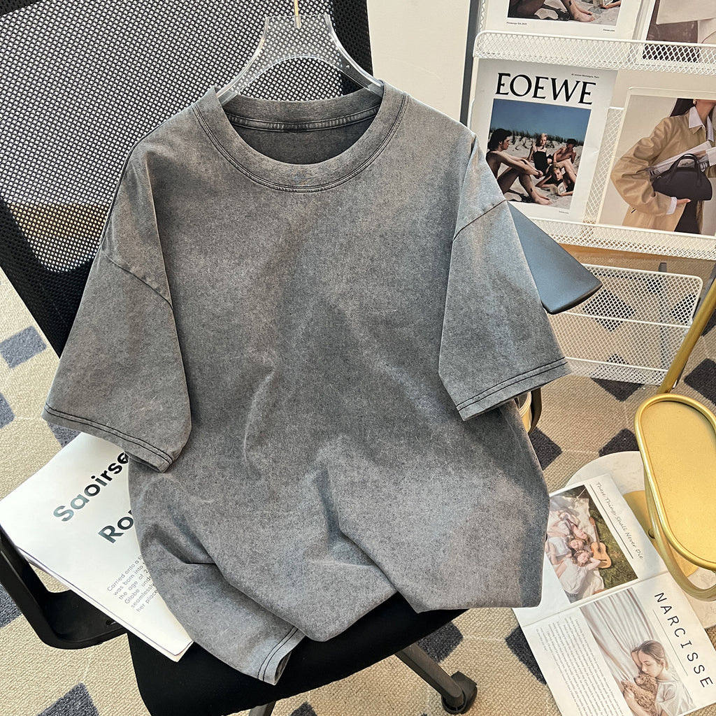 Women's Waxed Washed Gray Cotton Short Sleeved T Shirt Summer Washed Retro Trendy Loose Top