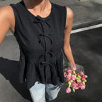 Summer Bow Decoration SL Vest Waist Slimming Flounce Hem