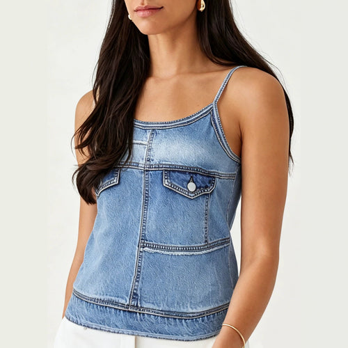 Blue denim-look sleeveless tank top with front patch pocket and contrast trim