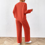 Women Simple Casual Wool V neck Loose Top Solid Color Wide Leg Straight Pants Two Piece Sweater
